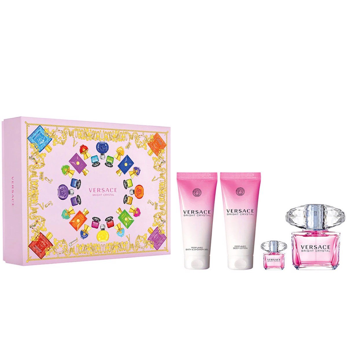 Versace Bright Crystal 4pcs - Spring Set 2021 ( EDT 90ml & EDT 5ml & Body Lotion 100ml & Shower gel 100ml )